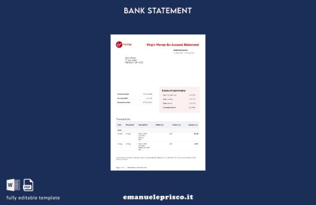 modello di parola di estratto conto bancario del conto Virgin Money Go del Regno